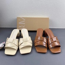 ZA2024年夏季新款女鞋棕色牛皮革交叉鞋面方跟粗跟凉鞋性感高跟鞋