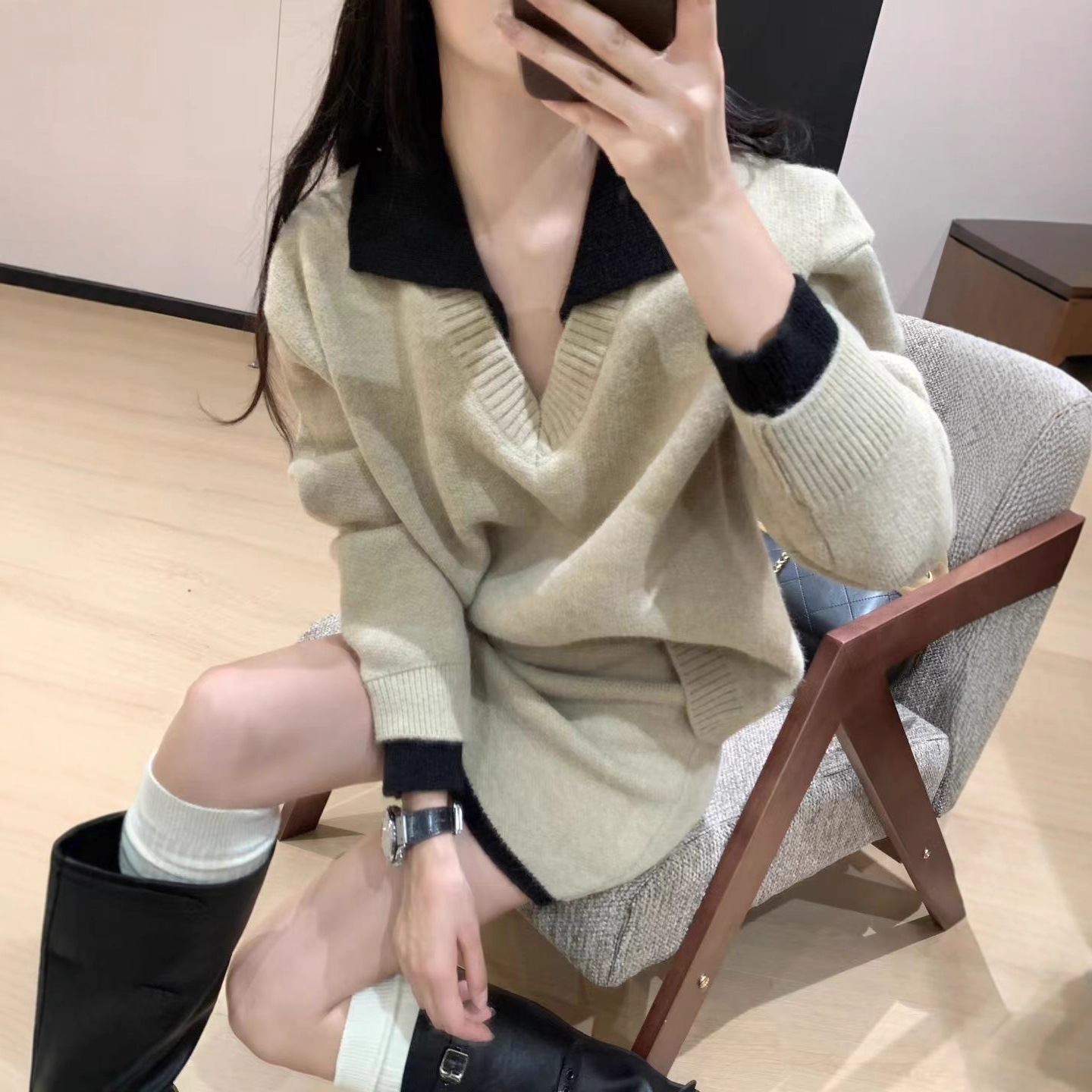 韩系撞色拼接polo领毛衣+半身裙套装女秋冬加厚学院风针织两件套