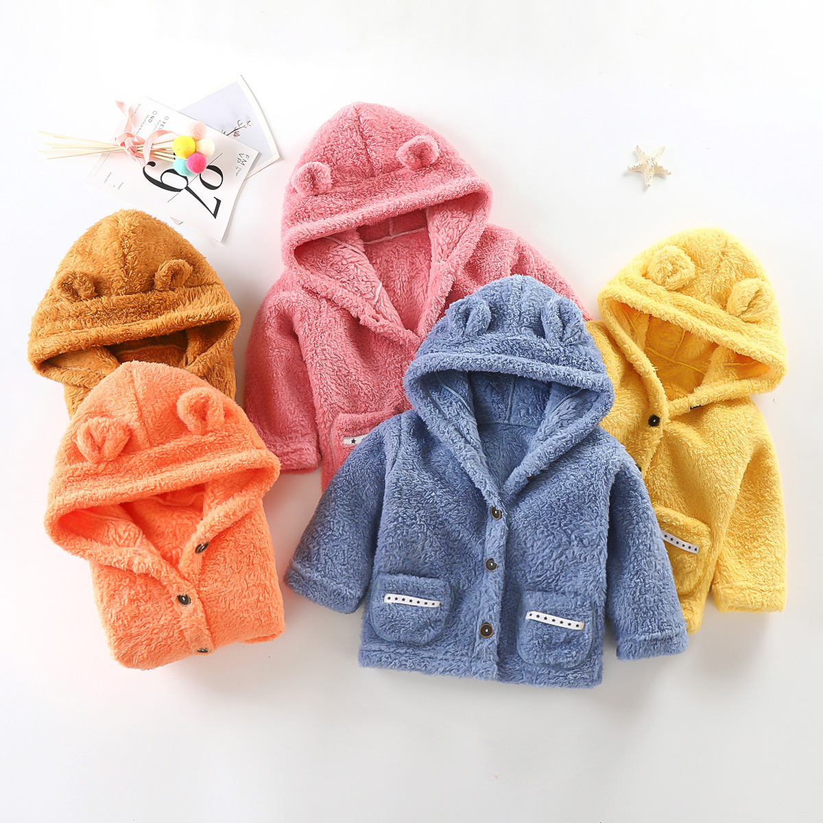 2023 Autumn New Children‘s Plush Coat Boys and Girls Cute Hooded Cardigan Small Medium Large Children‘s Fleece-Lined Thickened