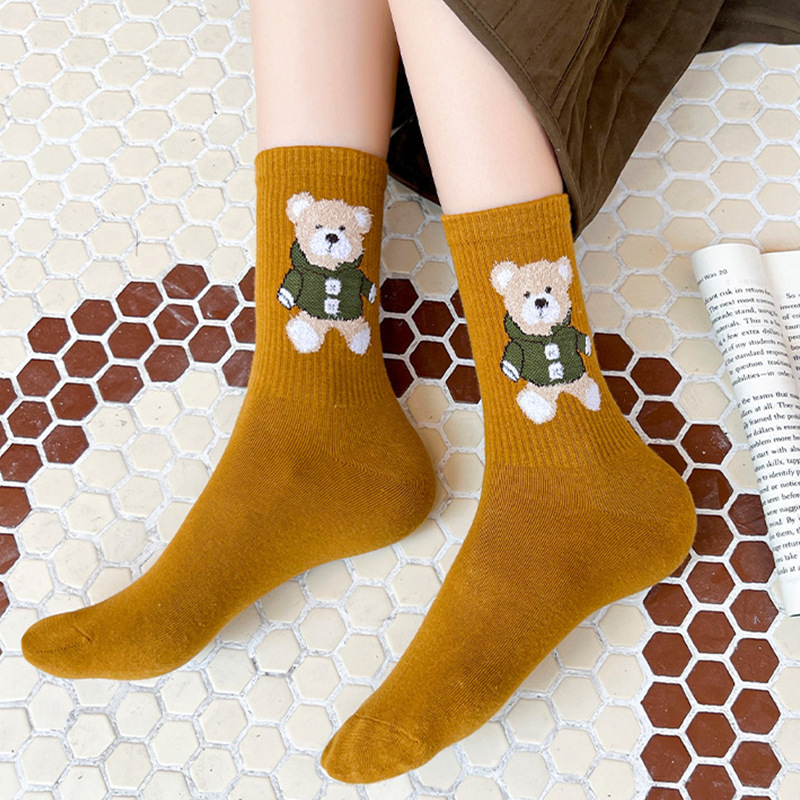 Autumn and Winter Bear Socks Women's Mid Tube Stockings Thickened Long Socks Japanese Cute Casual Cotton Socks Ins Trendy All-Matching Loose Socks