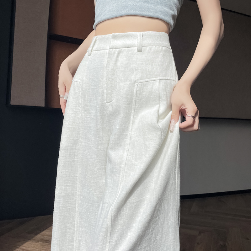 白色棉麻阔腿裤女夏薄款高腰垂感老钱风西装直筒棉麻休闲裤阔腿裤