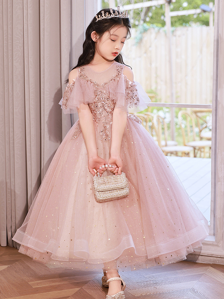 儿童礼服跨境女童主持人钢琴演奏演出服花童小女孩生日公主裙粉色
