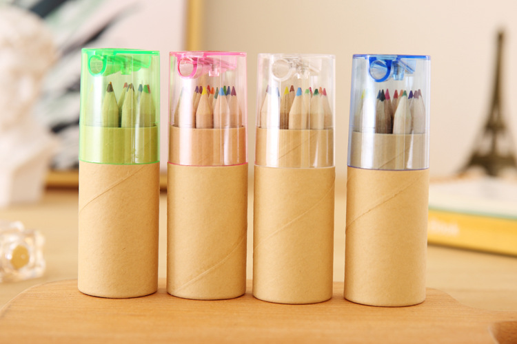 Ouze Stationery Raw Wood Color Color Lead Short 12-Color Raw Wood Color Paper Tube Pencil Sharpener Cover Cowhide Paper Tube Mini