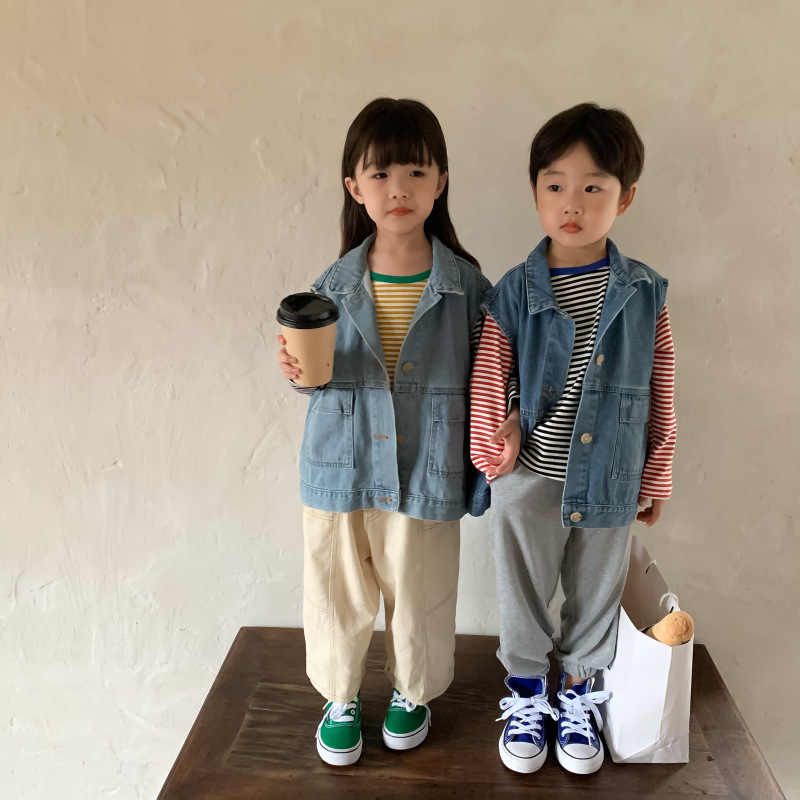 童马甲2021秋季新款韩版男童女童牛仔开衫马甲儿童洋气可爱兄妹装