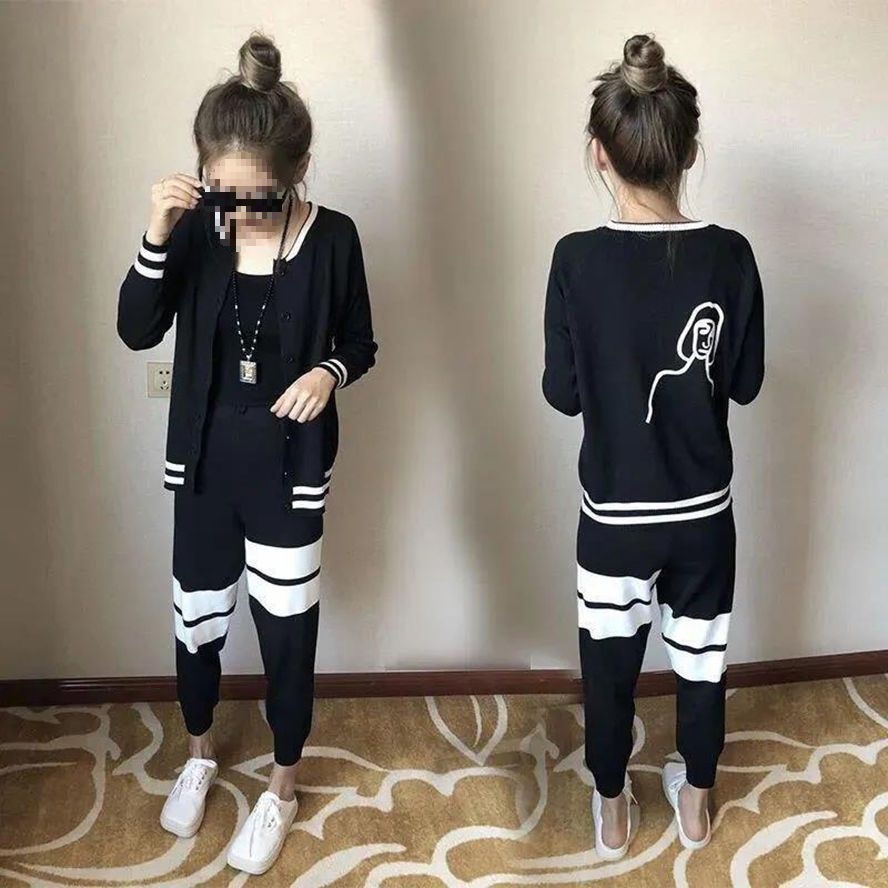 精神小妹套装快手网红同款秋季针织开衫外套 松紧腰束脚哈伦裤女