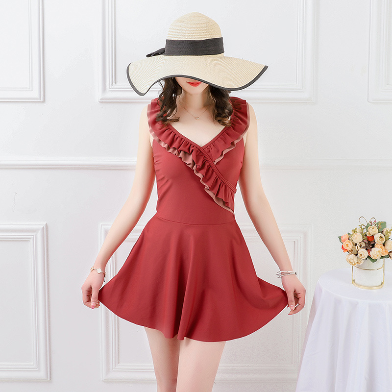 泳衣连衣女士保守裙式平角一体木耳边连体游泳衣交叉露背温泉显廋