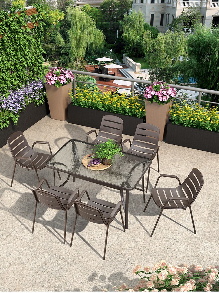 户外铁艺桌椅组合塑木室外餐椅花园庭院露天阳台外摆休闲座椅