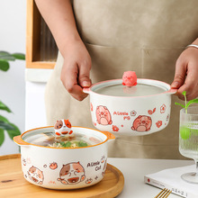 创意卡通碗陶瓷面碗带盖双耳泡面碗可爱家用面碗沙拉碗单个釉下彩