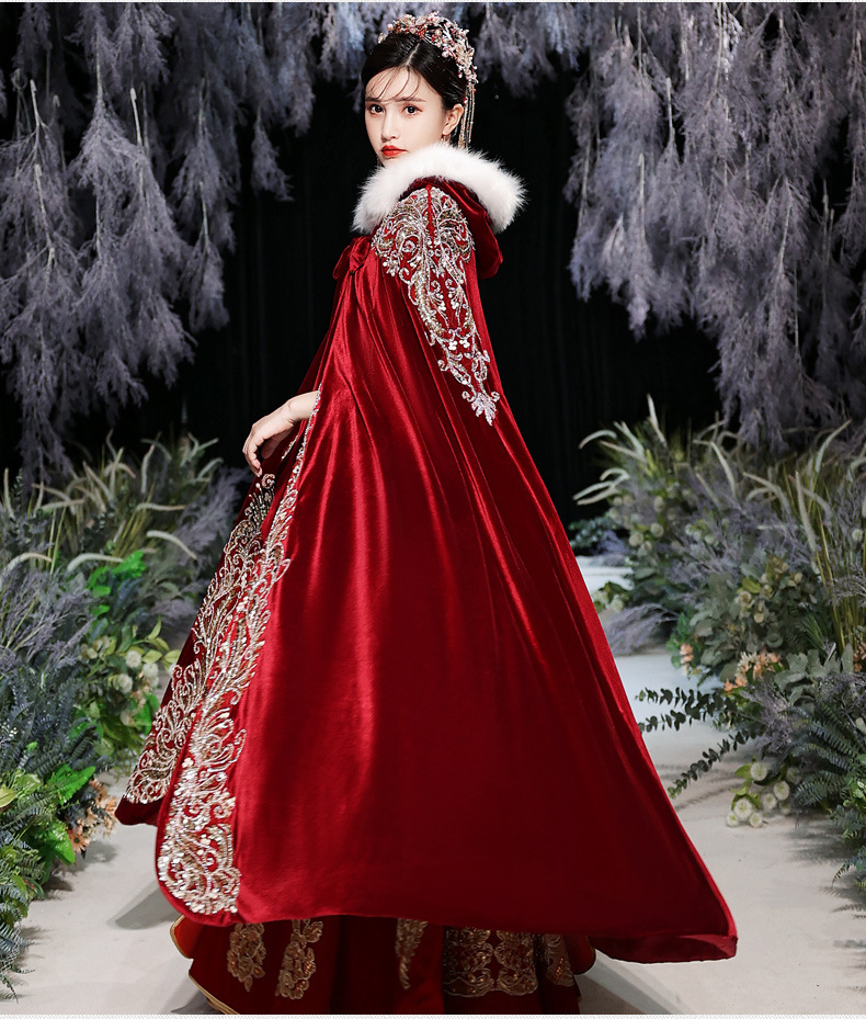秀禾服披风红色2020新款新娘中式婚礼毛披肩斗篷保暖加厚毛领披风