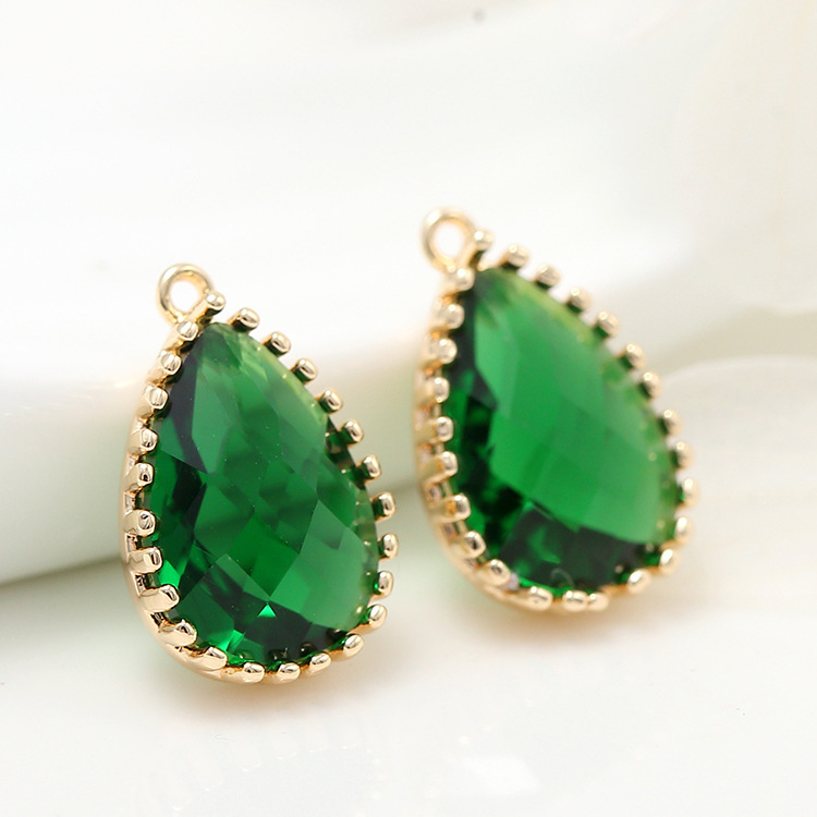 纯铜镀14k保色金镶嵌绿锆石水滴形挂件 diy手作项链手链耳饰材料