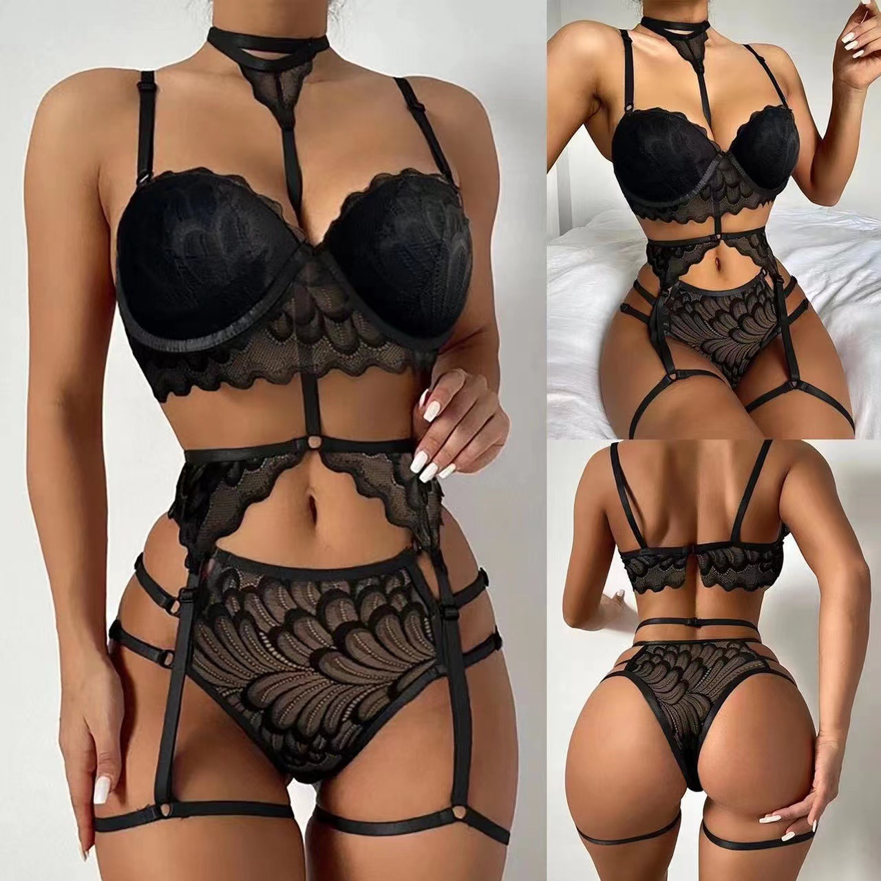 European and American Large Size Sexy Underwear Three-Point Cloud Pattern Printing Sexy Suit Lace Three-Piece Set with Chest Pad