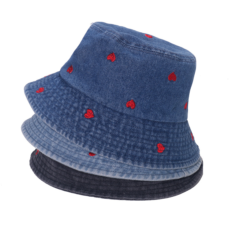 INS Japanese and Korean Style Trendy Bucket Hat Casual All-Matching Sun-Proof Sun Hat Denim Love Embroidered Fisherman Hat Children