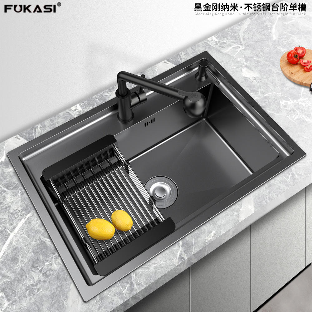 黑金刚纳米不锈钢手做水槽201单槽台阶加厚黑色洗菜盆304厨房龙头