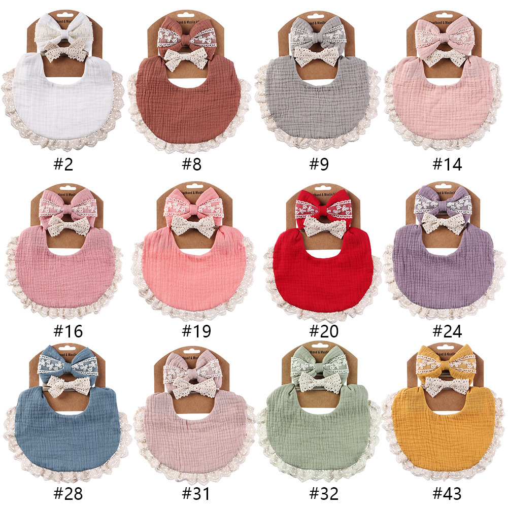 Baby Bib Lace Headband Set Pure Cotton Crepe Solid Color Double-Sided Waterproof Bib Baby Anti-Spitting Bib