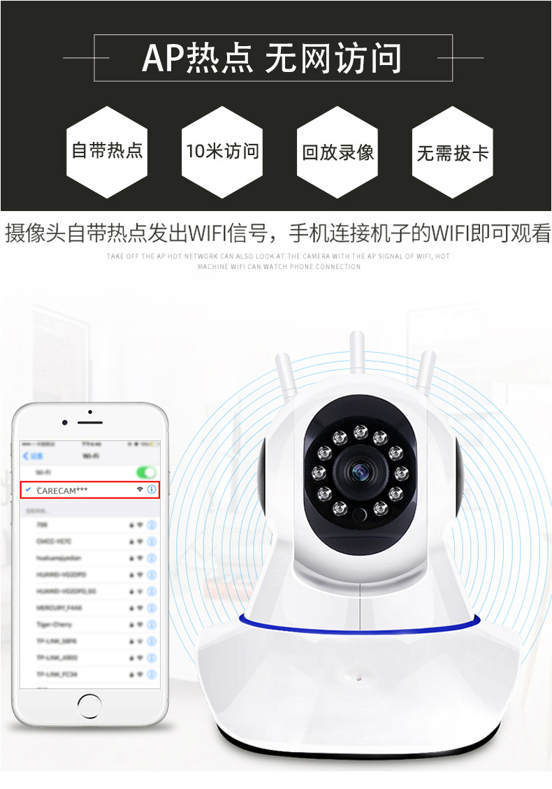 carecam牵心pro无线wifi手机远程高清红外夜视摄像机头onvif接nvr
