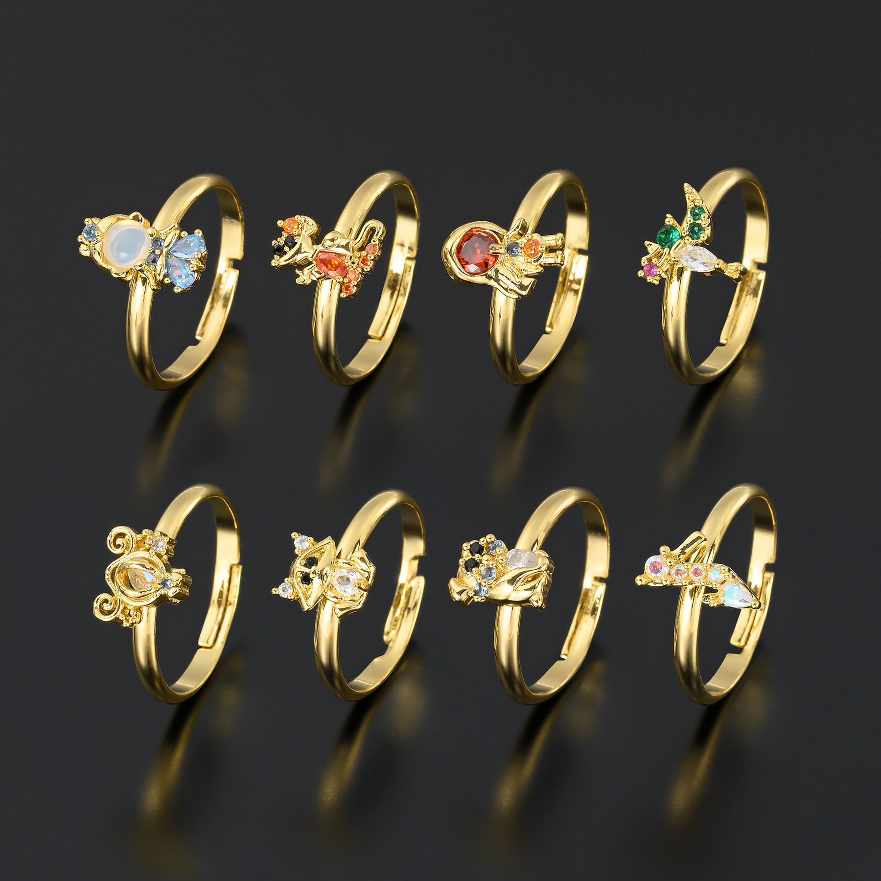 Creative Stylish Adjustable Princess Series Ring Europe and America Cross Border New Micro-Inlaid Color Open-End Zircon Ring Female