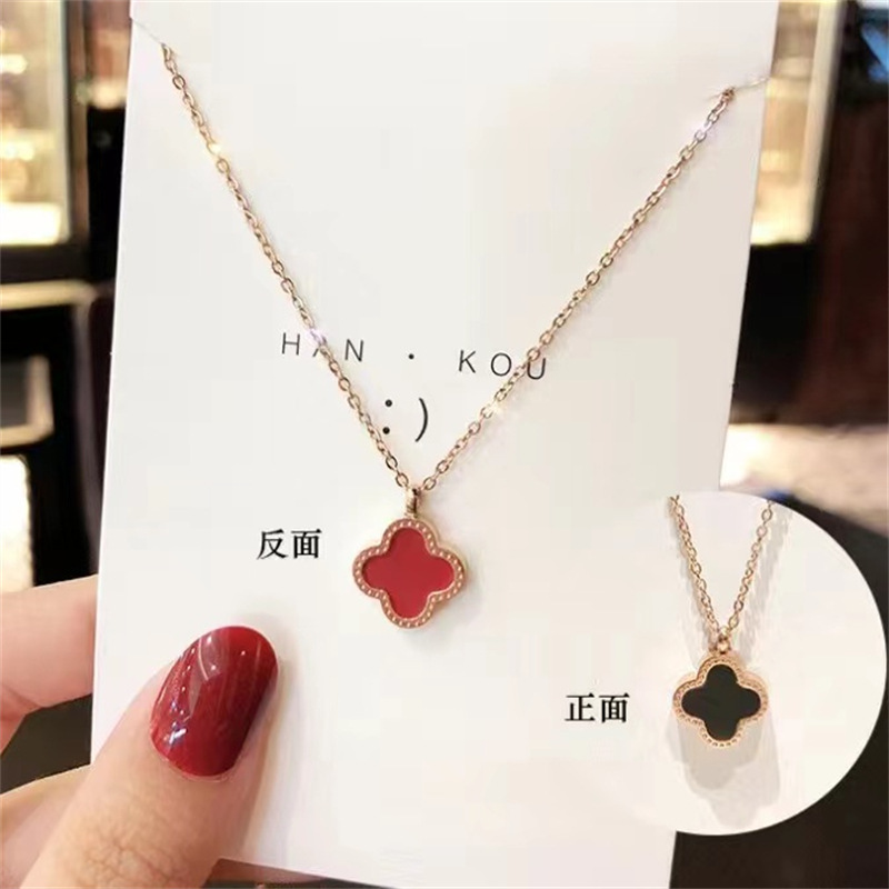 Clover Necklace Double-Sided Black Red White Shell Net Red Titanium Steel Trendy Clavicle Chain Lucky Four-Leaf Clover in Stock Wholesale