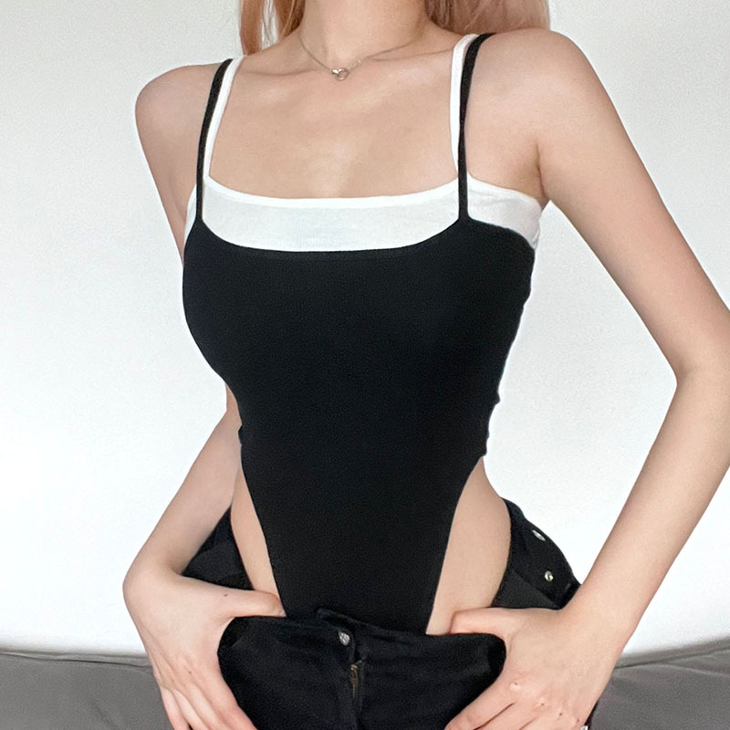 假两件双层撞色拼接性感露腰连体衣暗黑纯欲风辣妹吊带显瘦背心