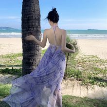 海边度假拍照飘逸超仙挂脖连衣裙女性感露背印花雪纺绑带沙滩长裙