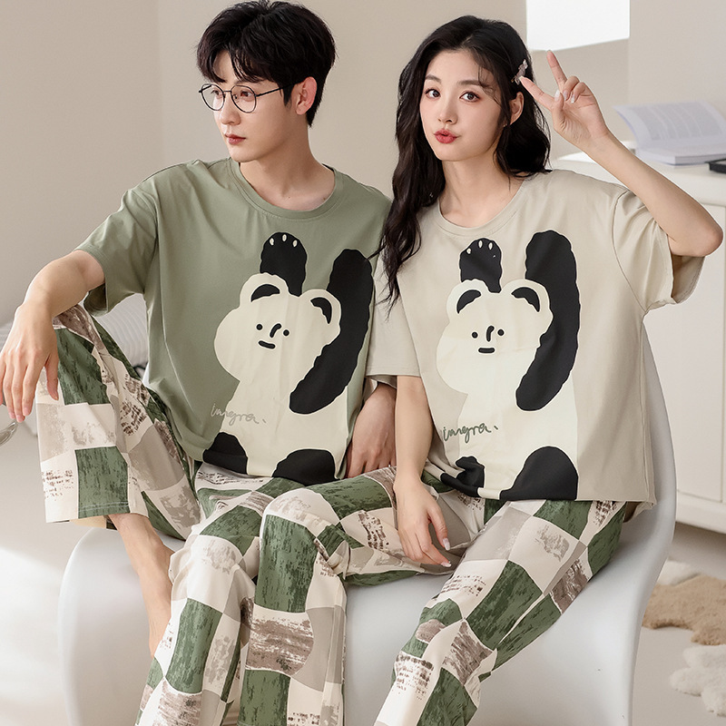 棉质情侣睡衣新款夏季短袖长裤薄款美少女休闲卡通男士家居服套装