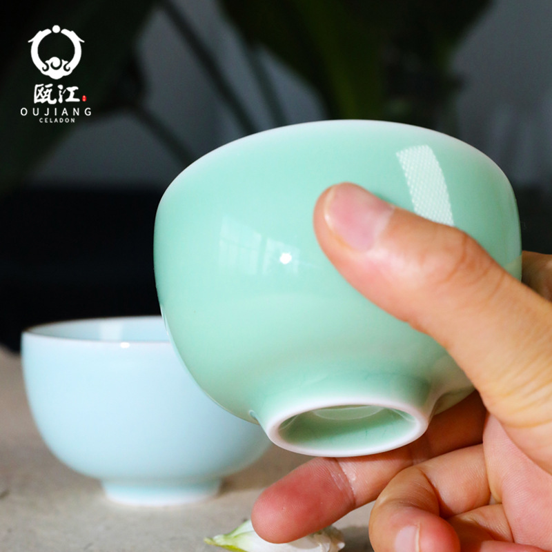 瓯江青瓷茶杯金边罗汉杯家用功夫茶杯茶道简约品茗杯陶瓷小杯单杯