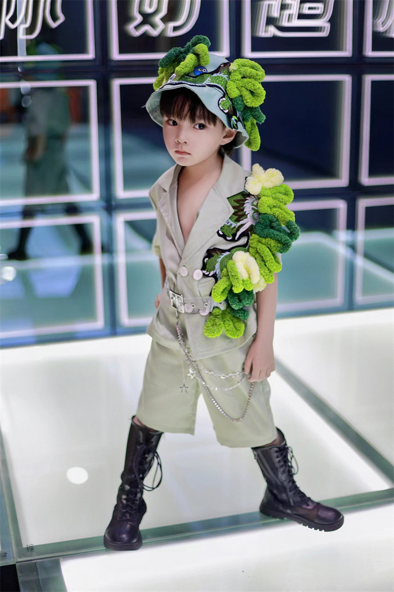 男童西装走秀礼服休闲服西装中国风t台服装浅绿色6街头风秀场模特