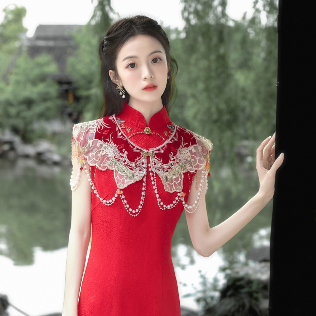 2025新款出阁改良旗袍敬酒服披肩结婚新娘便装回门礼服红色披肩