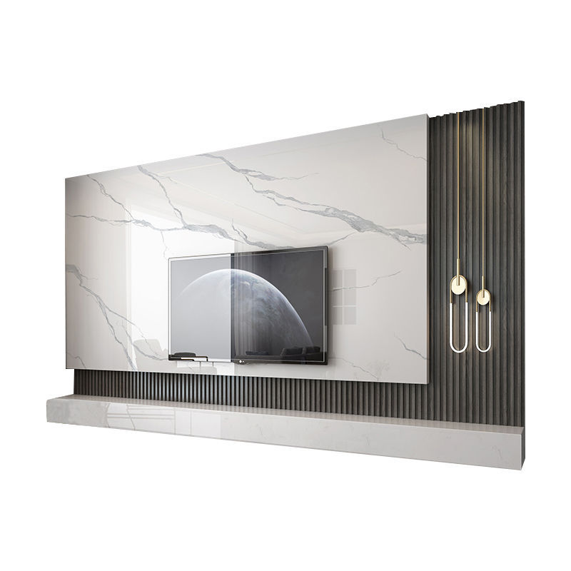 岩板电视背景墙悬空轻奢客厅实木格栅装饰仿大理石现代简约影视墙