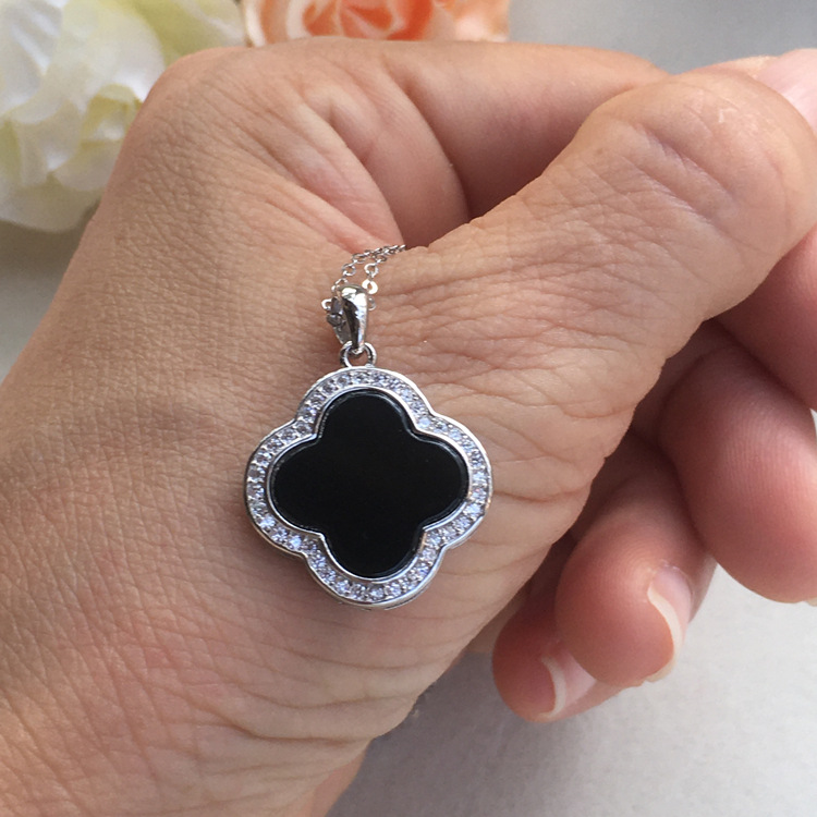 925银镶嵌缅甸天然a货翡翠墨翠墨绿四叶草玉石吊坠配银链女款百搭