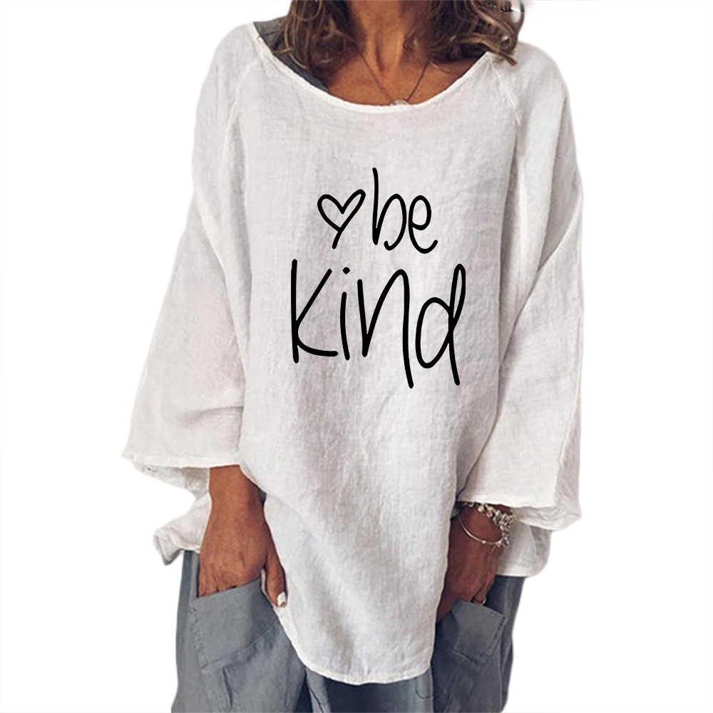 wish亚马逊ebay春秋爆款欧美女装kind字母印花宽松棉麻上衣t恤衫