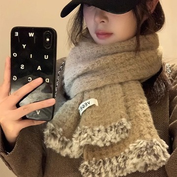 软糯毛边围巾女冬季新款针织保暖百搭学生情侣毛线围脖潮含羊毛