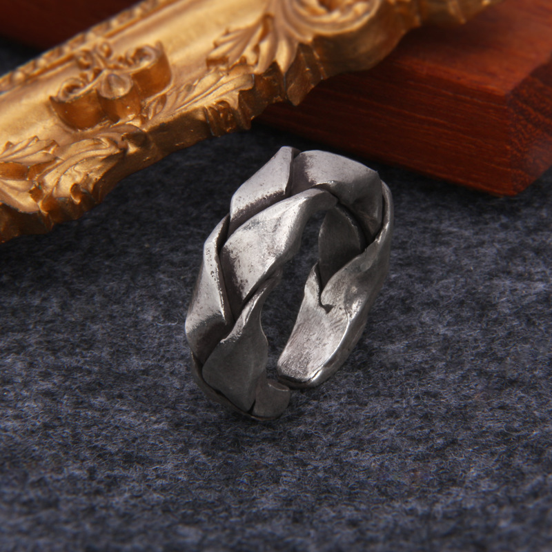 s925纯银泰国清迈手工银复古编织重工宽版戒指男女个性做旧指环潮