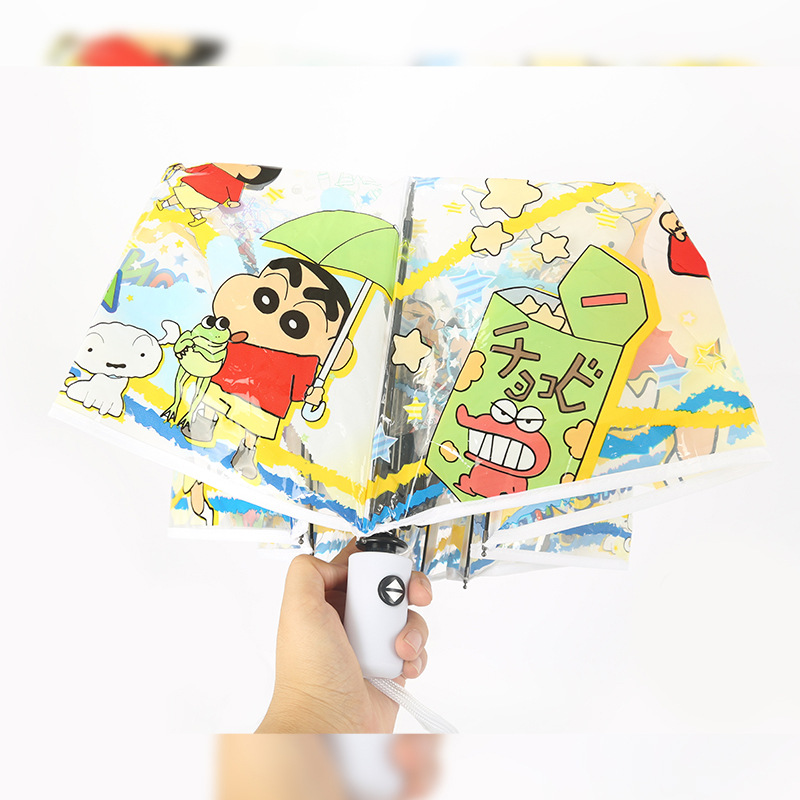 Crayon Xiaoxin Transparent Umbrella High-Profile Figure TikTok Automatic Folding Student Umbrella Cute Cartoon Tri-Fold Manufacturer