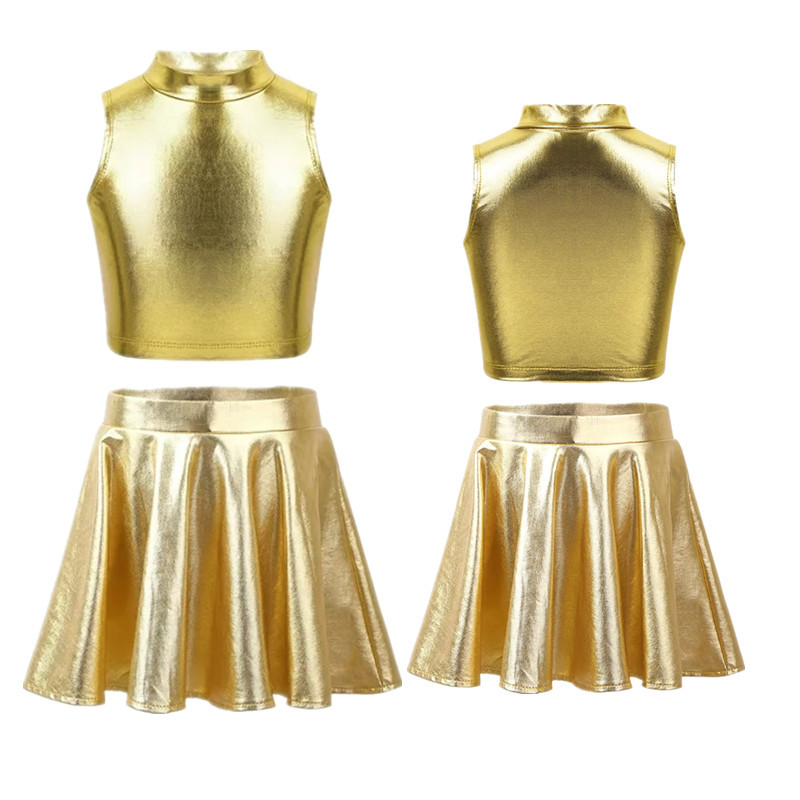 啦啦队舞蹈儿童演出服炫彩镭射光面漆皮半身裙高腰仿皮大摆短裙女