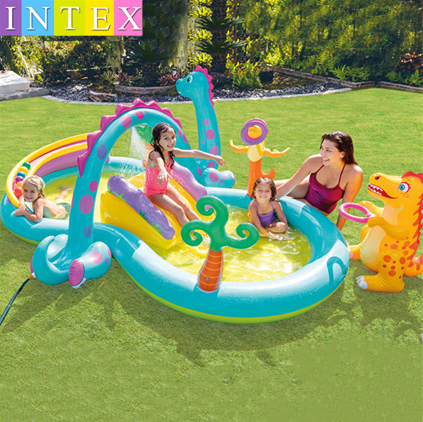 intex 57135 恐龙八字喷水滑梯充气池 戏水池儿童家庭游泳池现货