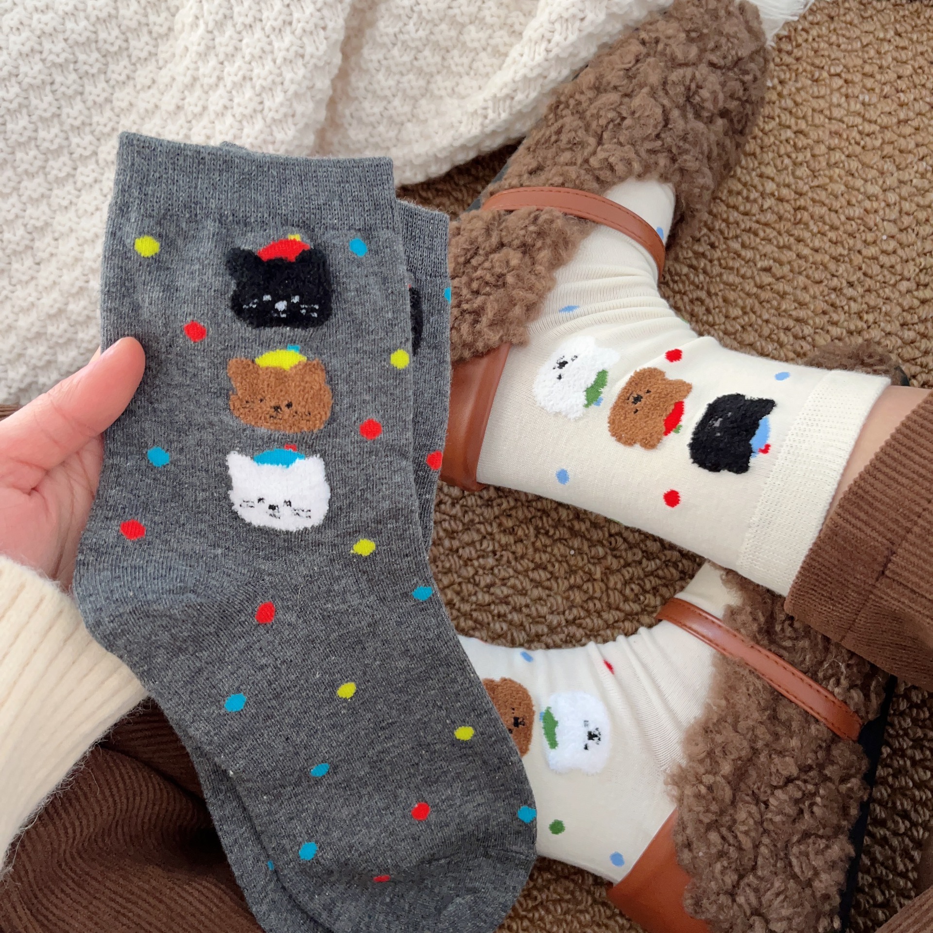 可爱袜子女中筒袜春秋小熊ins网红日系长袜夏季卡通波点女生短袜