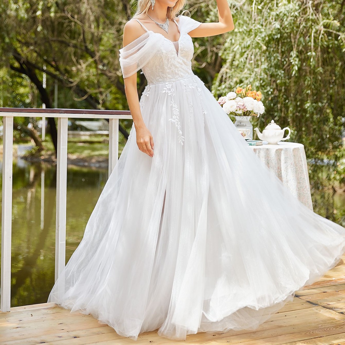 wish亚马逊外贸女装时尚纯白色性感v领修身婚纱礼服长裙连衣裙女