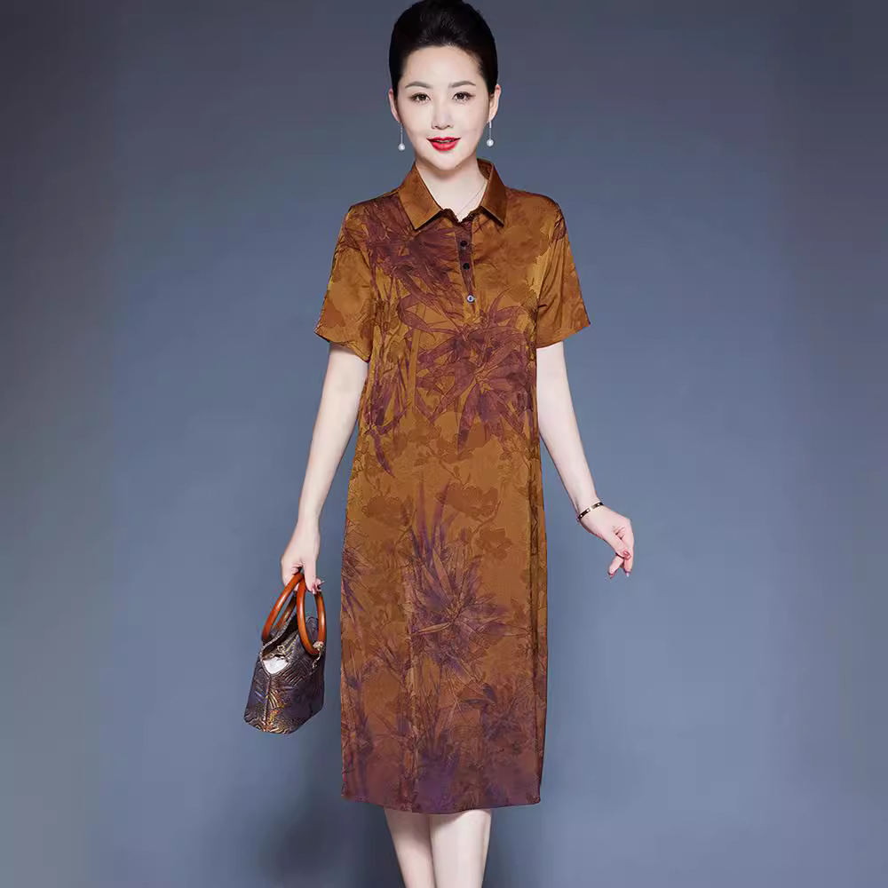中老年加肥加大码女装高贵真丝连衣裙洋气质妈妈款翻领桑蚕丝裙子