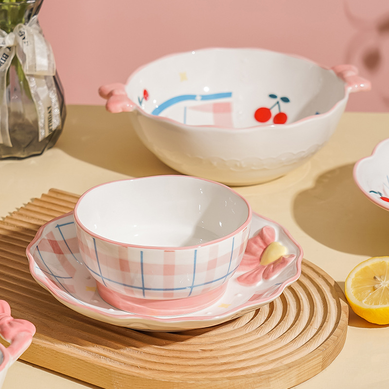 Sakura Has You Ceramic Bowl Soup Bowl Double-Ear Bowl Dessert Bowl Fruit Bowl Plate Household Noodle Bowl Ceramic