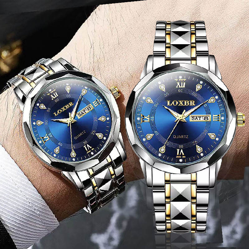 男士手表厂家石英精钢商务双日历手表土豪介金表非机械表防