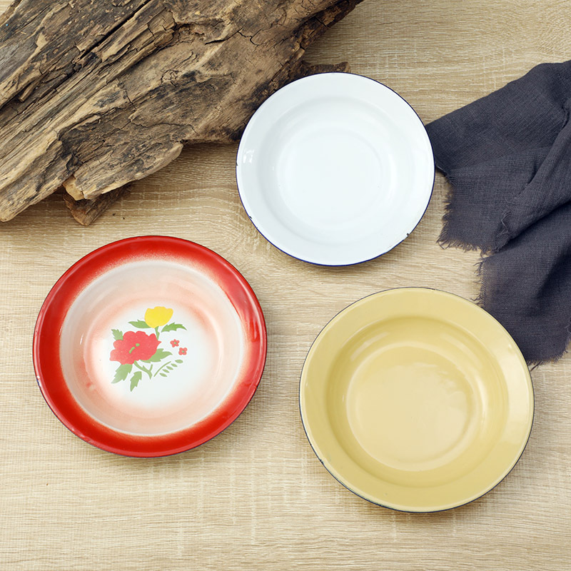老式搪瓷碟菜碟怀旧语录搪瓷碟白黄素色盘子小吃碟餐厅餐具碟