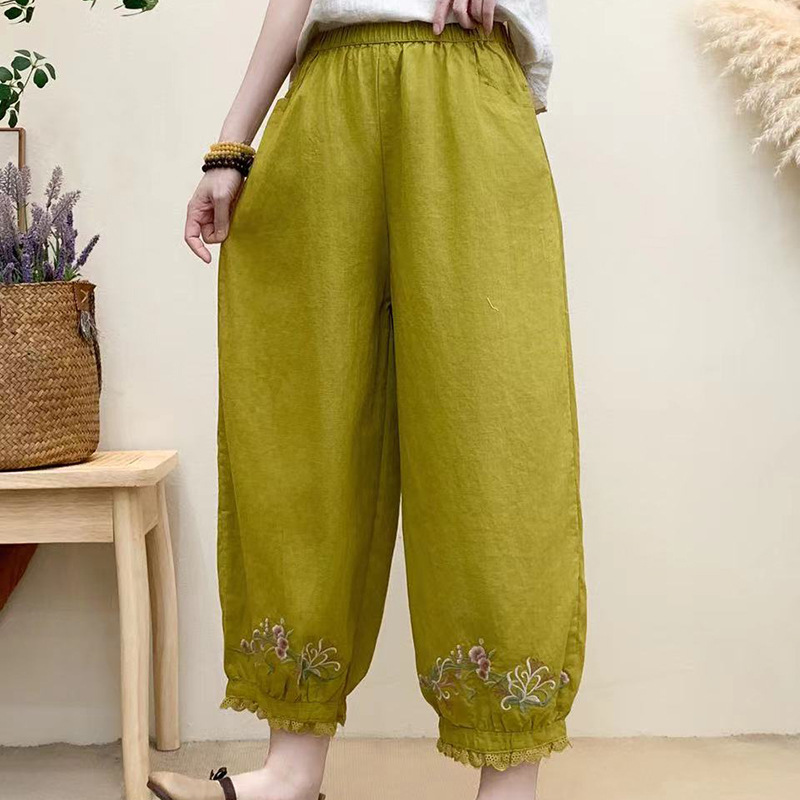 2024夏季纯色女式文艺灯笼裤亚麻混纺女式刺绣松紧腰八分裤-阿里巴巴