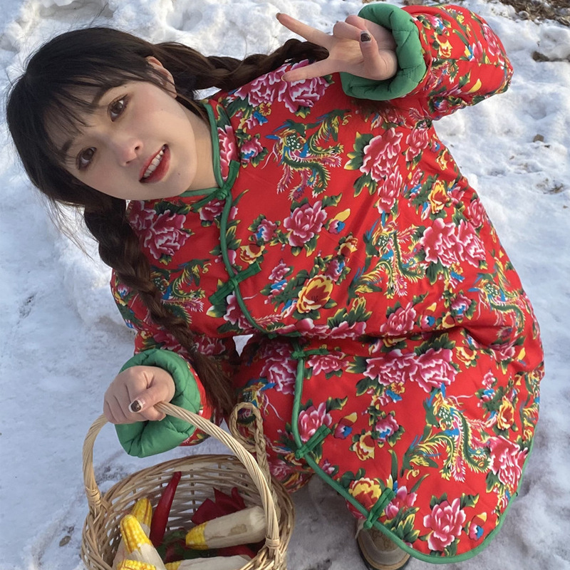花棉袄大花布衣服棉裤大花袄套装加厚棉衣女冬大民族风服装