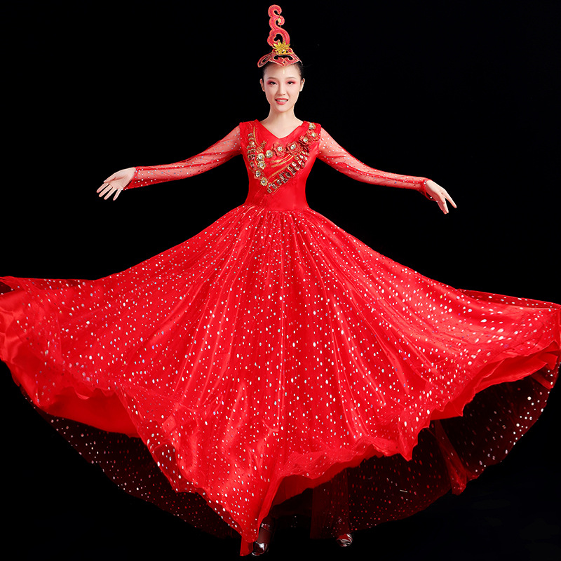 开场舞大摆裙演出服女舞蹈服装红色中国风长裙亮片现代合唱团优雅