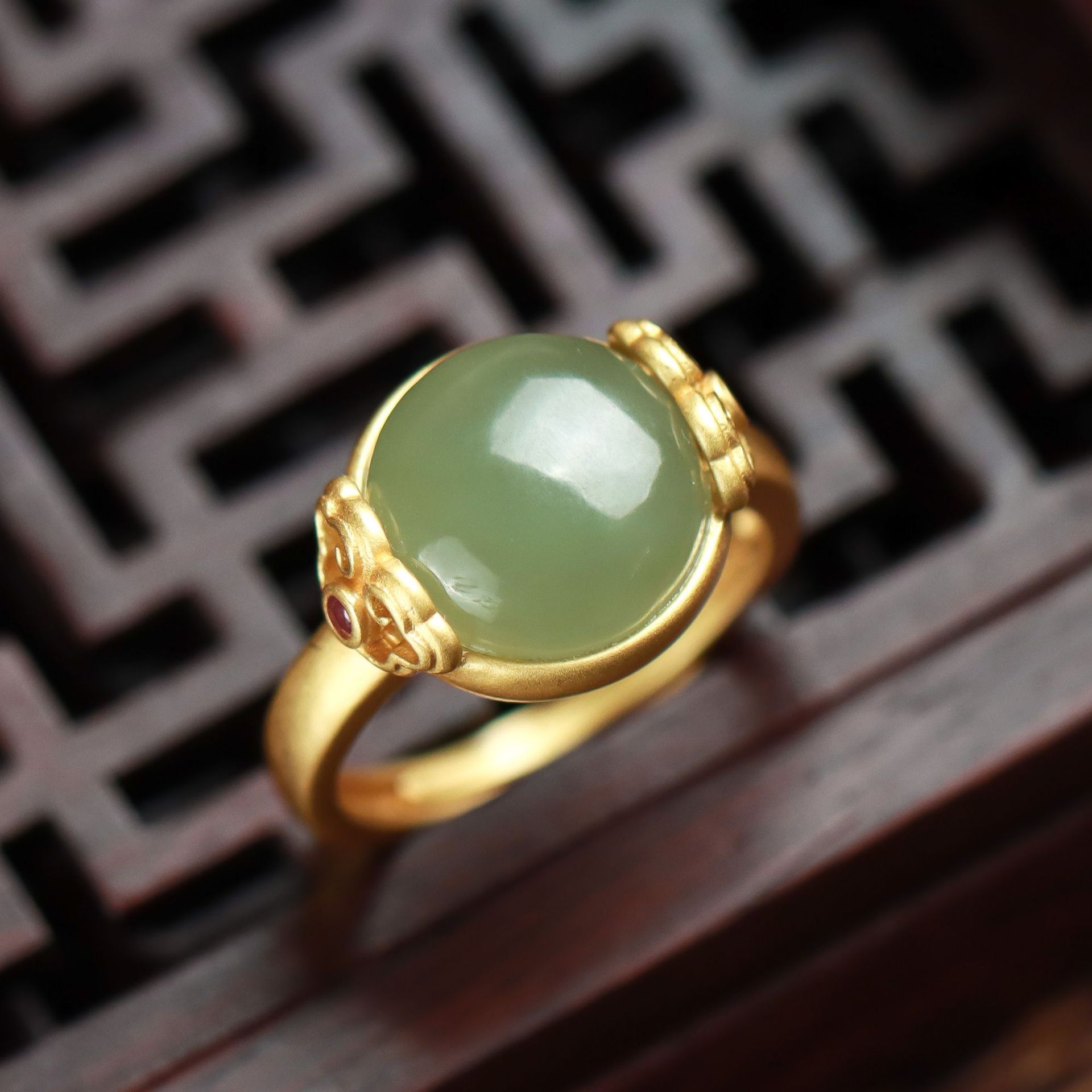 蔓时光s925银镀金祥云戒指和田玉青玉戒指古典时尚简约气质女工厂