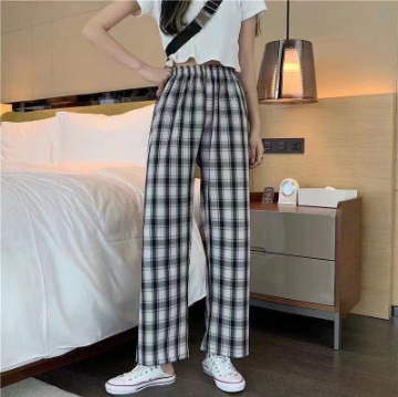 Summer Stall Ice Silk Plaid Pants Straight Drooping Trousers Thin Loose Casual Pants High Waist Lattice Loose Pants Women