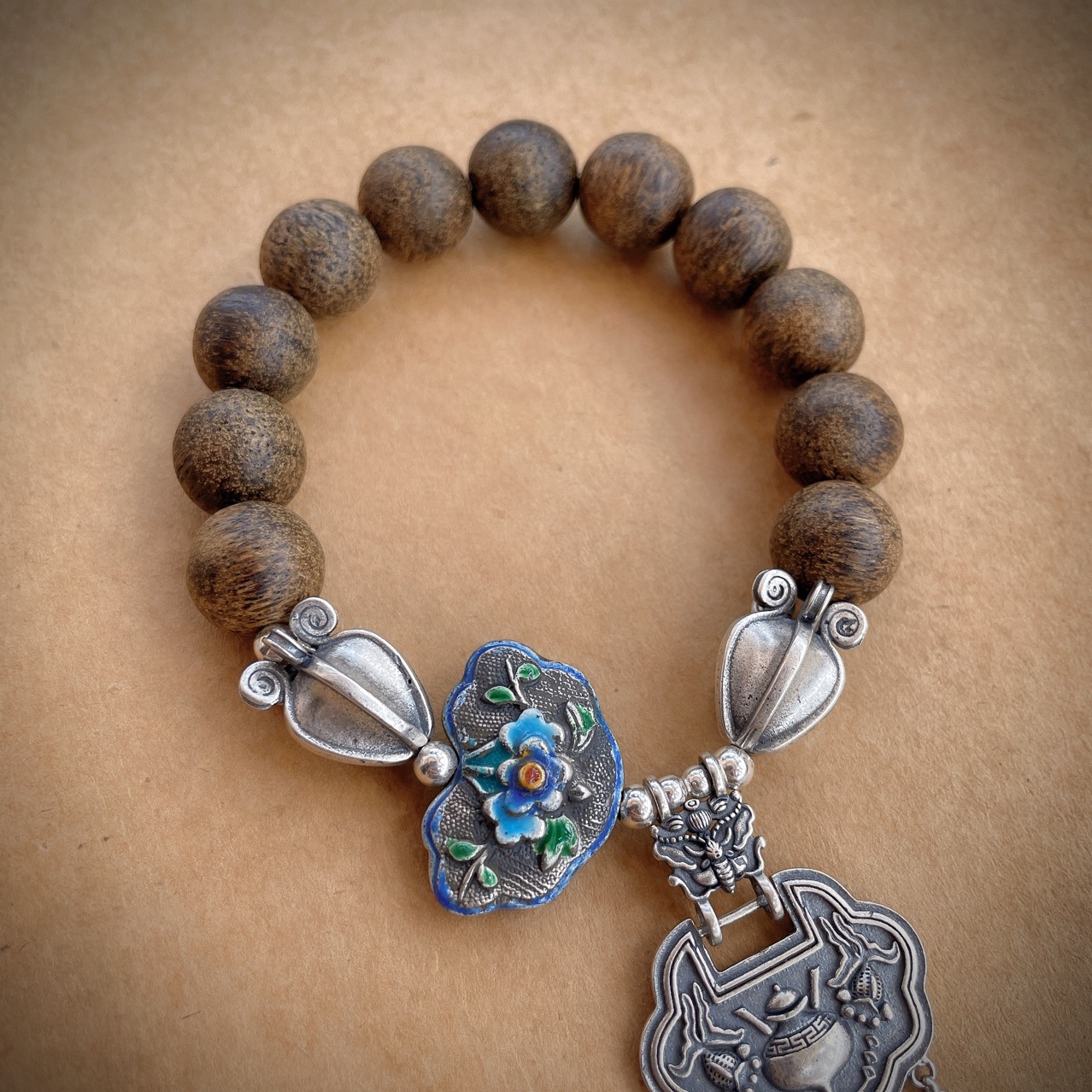 原创12mm沉香圆珠纯银流苏手串 复古国风老工艺银如意手链 个性