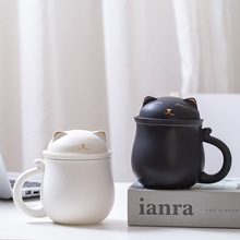 活动礼品三件式陶瓷招财猫茶杯办公杯大容量茶水分离陶瓷杯马克杯