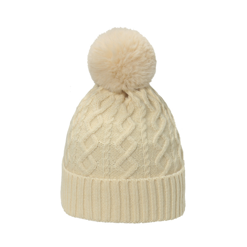 Winter Hat Women's Japanese and Korean Style Trendy All-Match Beanie Hat 8-Word Plaid Knitted Hat Warm Fur Ball Woolen Cap Women