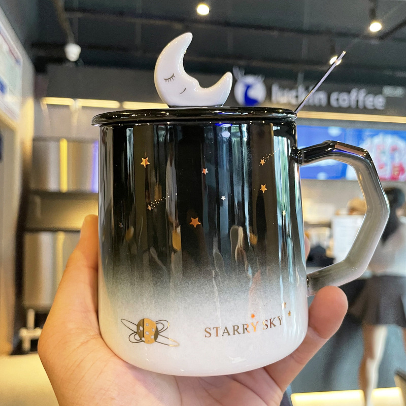 Ziqi Gradient Starry Sky Gold Painting Ceramic Cup Internet Celebrity Water Cup with Cover Spoon Souvenirs Mug Couple Cup Suit